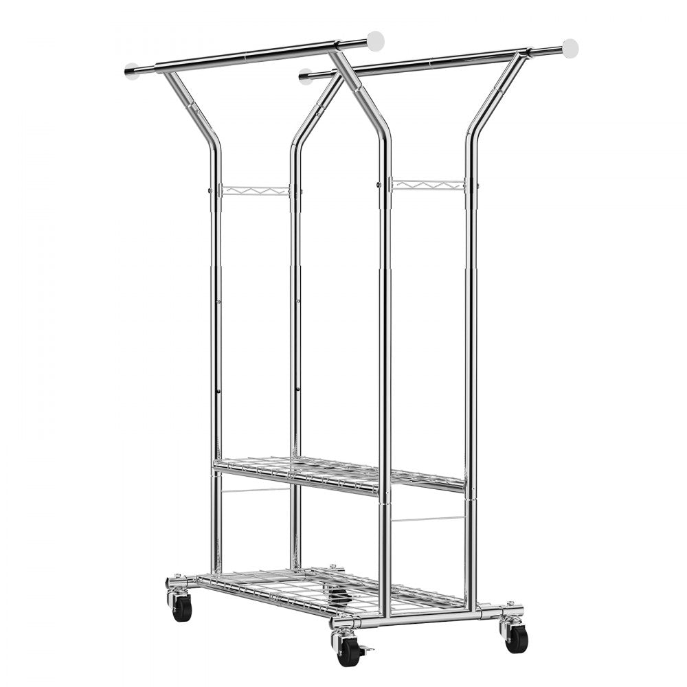 VEVOR Clothes Rack, Rolling Clothing Garment Rack with 2 Hanging Rods and 2 Storage Shelves, 264 lbs Load Capacity, Adjustable Height Carbon Steel Clothing Racks for Bedroom, Laundry, Living Room