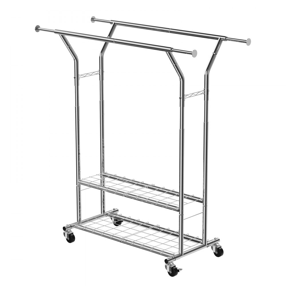 VEVOR Clothes Rack, Rolling Clothing Garment Rack with 2 Hanging Rods and 2 Storage Shelves, 264 lbs Load Capacity, Adjustable Height Carbon Steel Clothing Racks for Bedroom, Laundry, Living Room