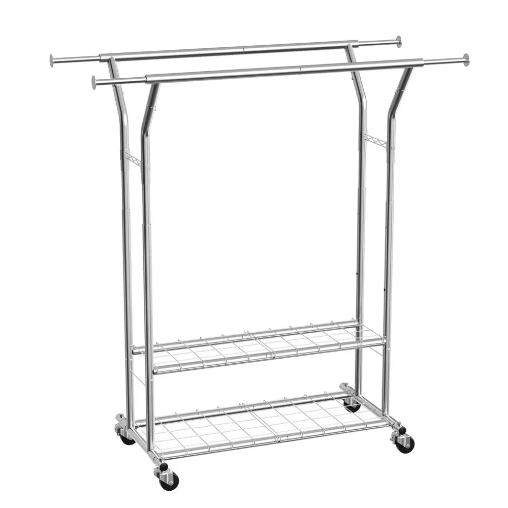 VEVOR Clothes Rack, Rolling Clothing Garment Rack with 2 Hanging Rods and 2 Storage Shelves, 264 lbs Load Capacity, Adjustable Height Carbon Steel Clothing Racks for Bedroom, Laundry, Living Room