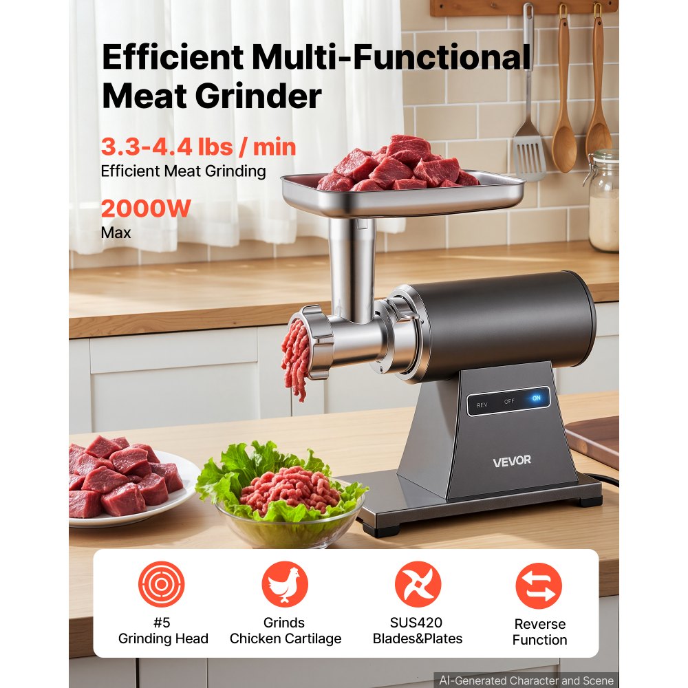 VEVOR Electric Meat Grinder, 3.3-4.4 Lbs/Min 2000W Max, #5 Home Meat Mincer with 3 Grinding Plates, Sausage Stuffing Tube & Kubbe Kit, 300W Steel Sausage Meatballs Maker for Home Kitchens