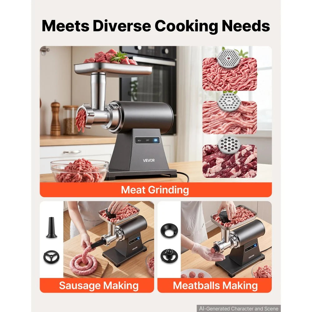 VEVOR Electric Meat Grinder, 3.3-4.4 Lbs/Min 2000W Max, #5 Home Meat Mincer with 3 Grinding Plates, Sausage Stuffing Tube & Kubbe Kit, 300W Steel Sausage Meatballs Maker for Home Kitchens