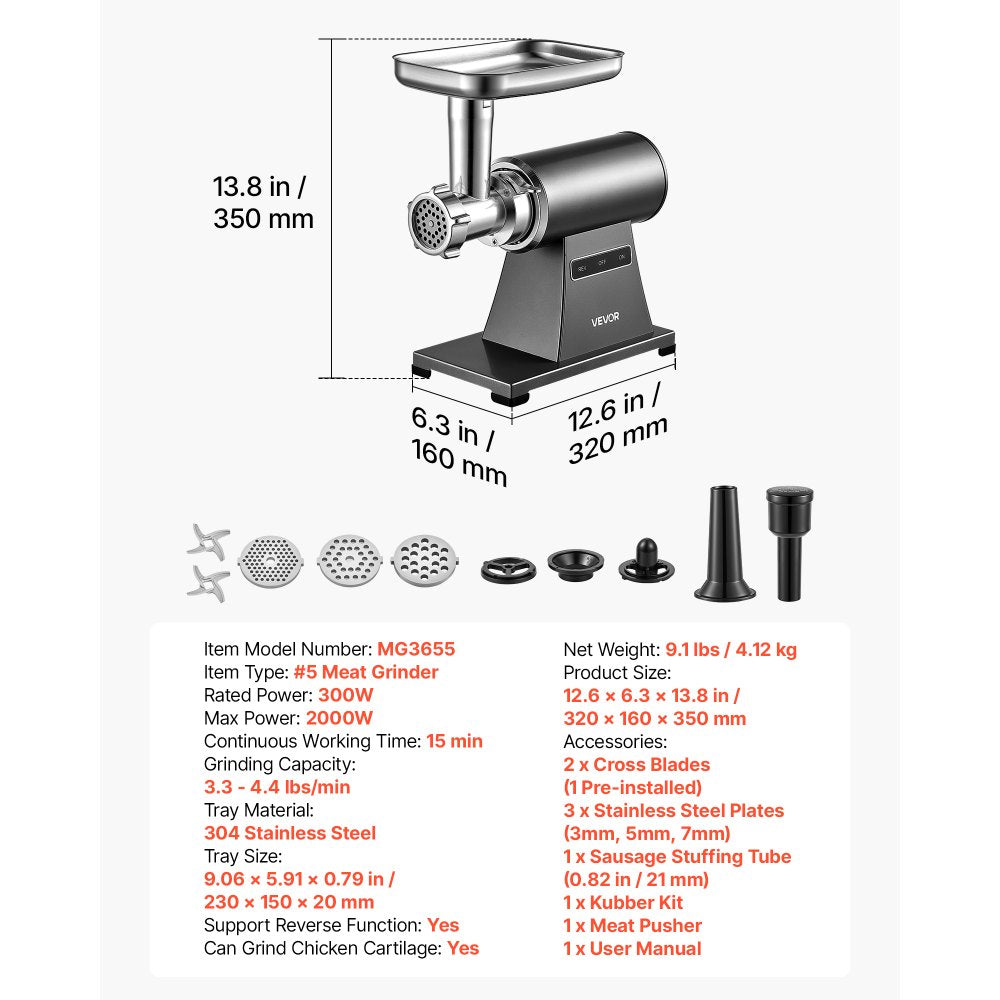 VEVOR Electric Meat Grinder, 3.3-4.4 Lbs/Min 2000W Max, #5 Home Meat Mincer with 3 Grinding Plates, Sausage Stuffing Tube & Kubbe Kit, 300W Steel Sausage Meatballs Maker for Home Kitchens