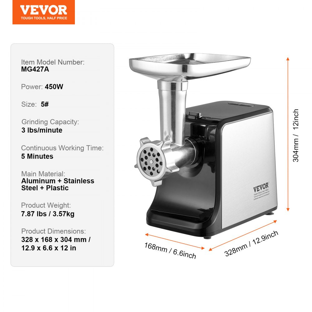 VEVOR Meat Grinder, 3 Lbs/Min Capacity Electric Meat Grinders with Blade, Grinding Plate, Sausage Maker, Kubbe Kit, Burger Press, Chopper Attachment, Stainless Steel Meat Mincer for Home Kitchen