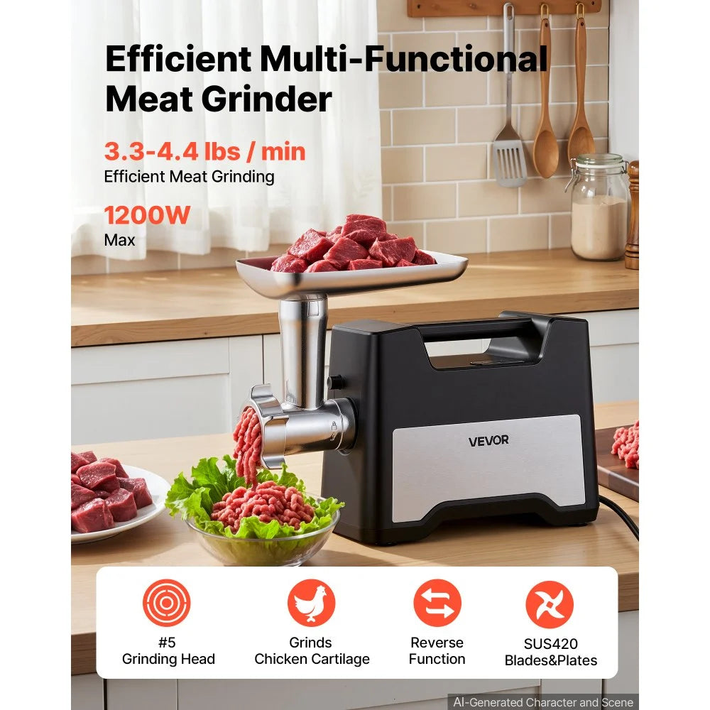 VEVOR Electric Meat Grinder, 3.3-4.4 Lbs/Min 1200W Max, #5 Home Meat Mincer with 2 Grinding Plates, Sausage Stuffing Tube & Kubbe Kit, 300W Stainless Steel Sausage Maker for Home Kitchens