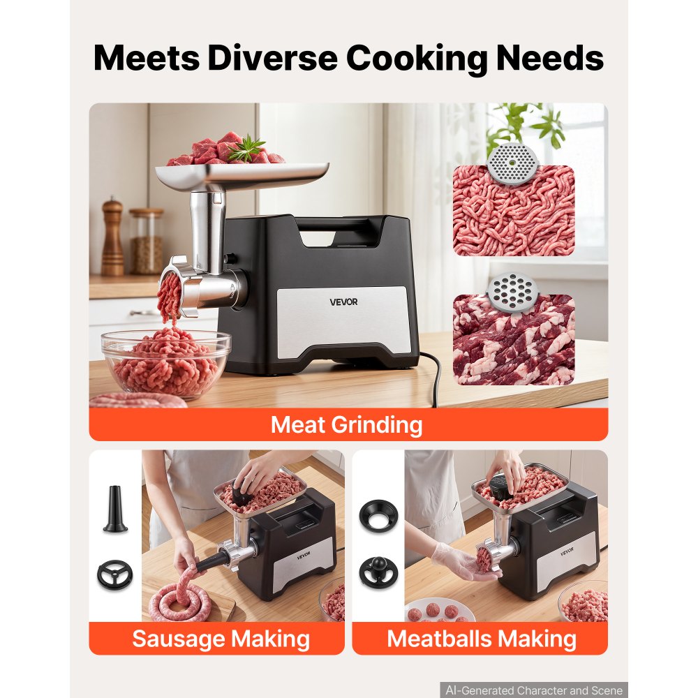 VEVOR Electric Meat Grinder, 3.3-4.4 Lbs/Min 1200W Max, #5 Home Meat Mincer with 2 Grinding Plates, Sausage Stuffing Tube & Kubbe Kit, 300W Stainless Steel Sausage Maker for Home Kitchens