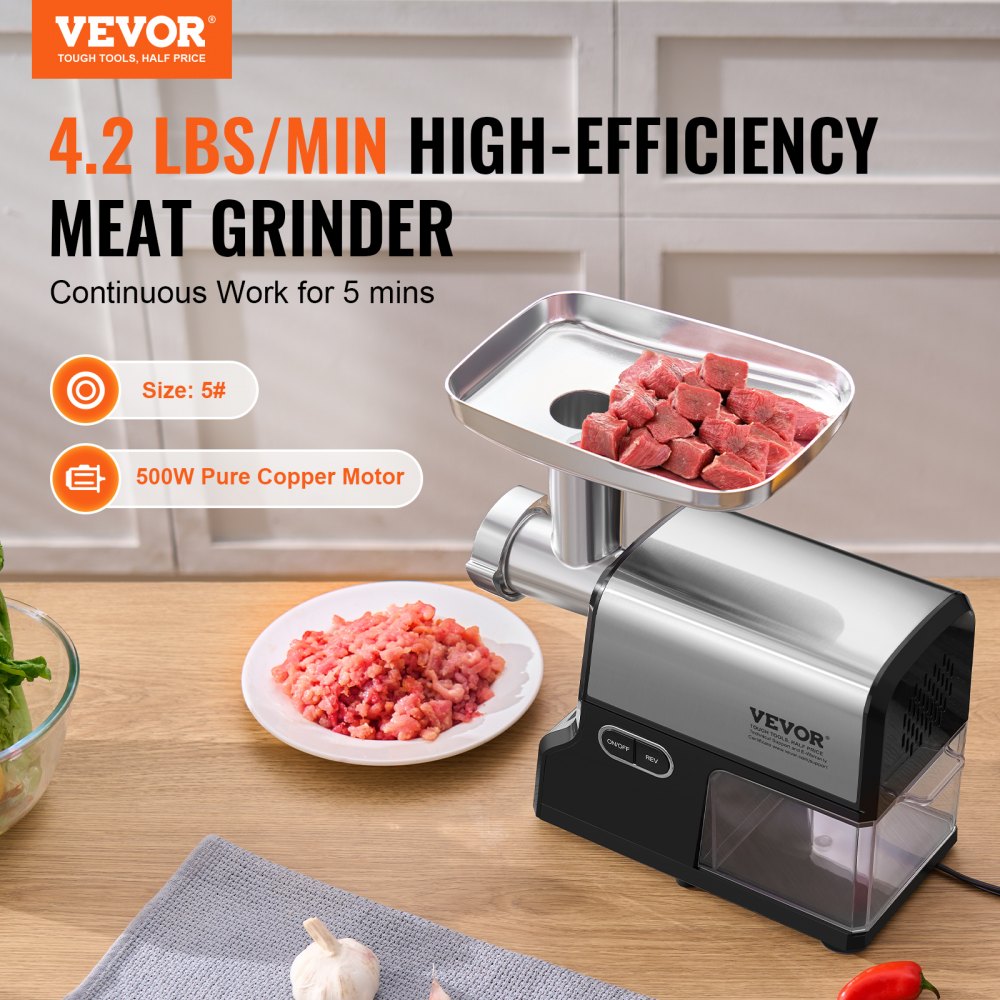 VEVOR Meat Grinder, 4.2 Lbs/Min Capacity Electric Meat Grinders with Blade, Grinding Plate, Sausage Maker, Kubbe Kit, Stainless Steel Meat Mincer for Home Kitchen
