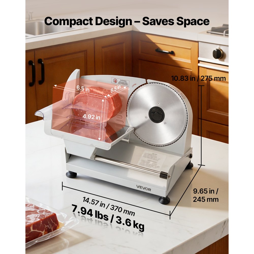 VEVOR Meat Slicer, 7.5" Electric Deli Slicer with SUS420 Blade & 0-0.6" Adjustable Thickness, 200W Home Food-Slicer for Frozen Meat, Ham, Baguett, Steak, UL Approved