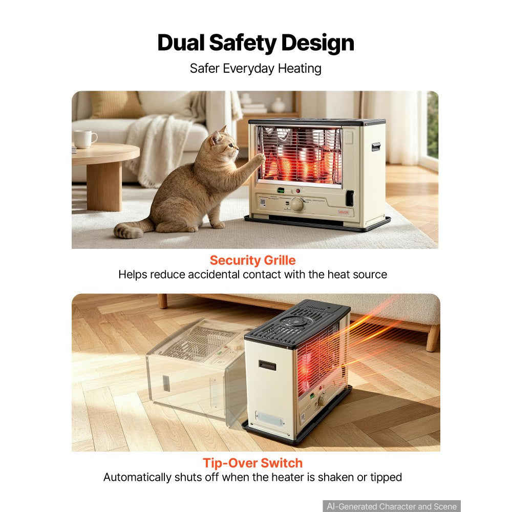VEVOR Cordless Radiant Kerosene Heater, 10000 BTU Portable Space Heater, for Home, Garage, Camping, Workshop, Emergency, Outdoor Activity, with Flame Control, Tip-Over Shutoff, Funnel, Batteries