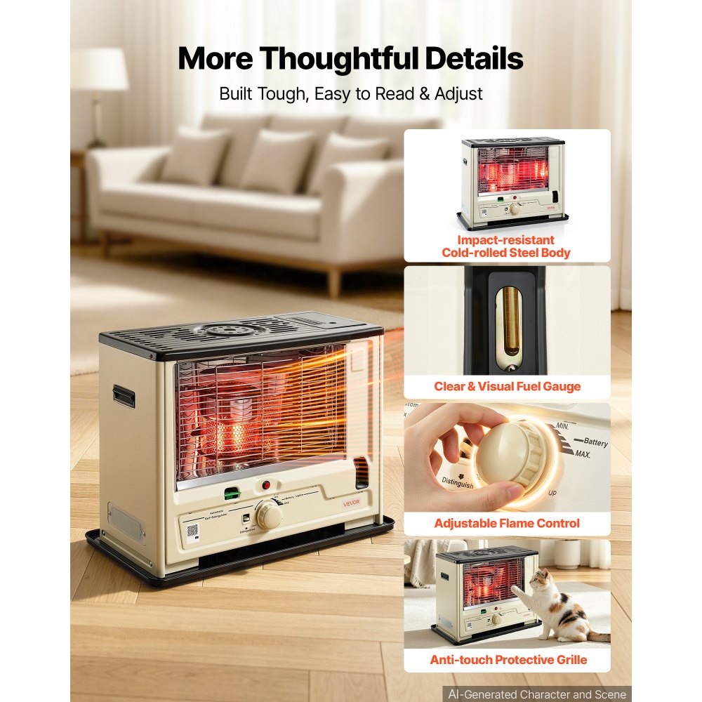 VEVOR Cordless Radiant Kerosene Heater, 10000 BTU Portable Space Heater, for Home, Garage, Camping, Workshop, Emergency, Outdoor Activity, with Flame Control, Tip-Over Shutoff, Funnel, Batteries
