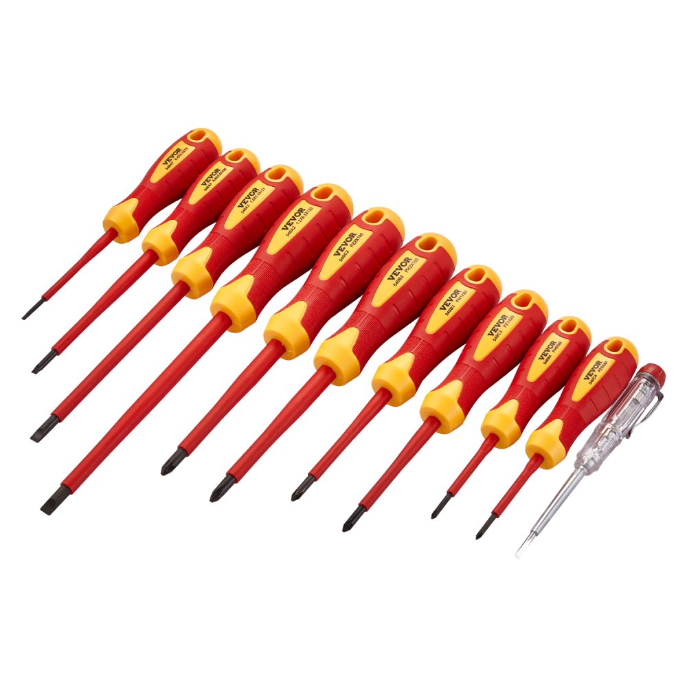 VEVOR Insulated Screwdriver Set, 11-Piece Professional Electrical Screwdriver Set, 1000V Insulated Electrician Tool Set, with Magnetic Phillips Slotted Pozi Tips, Voltage Tester, for Electricians