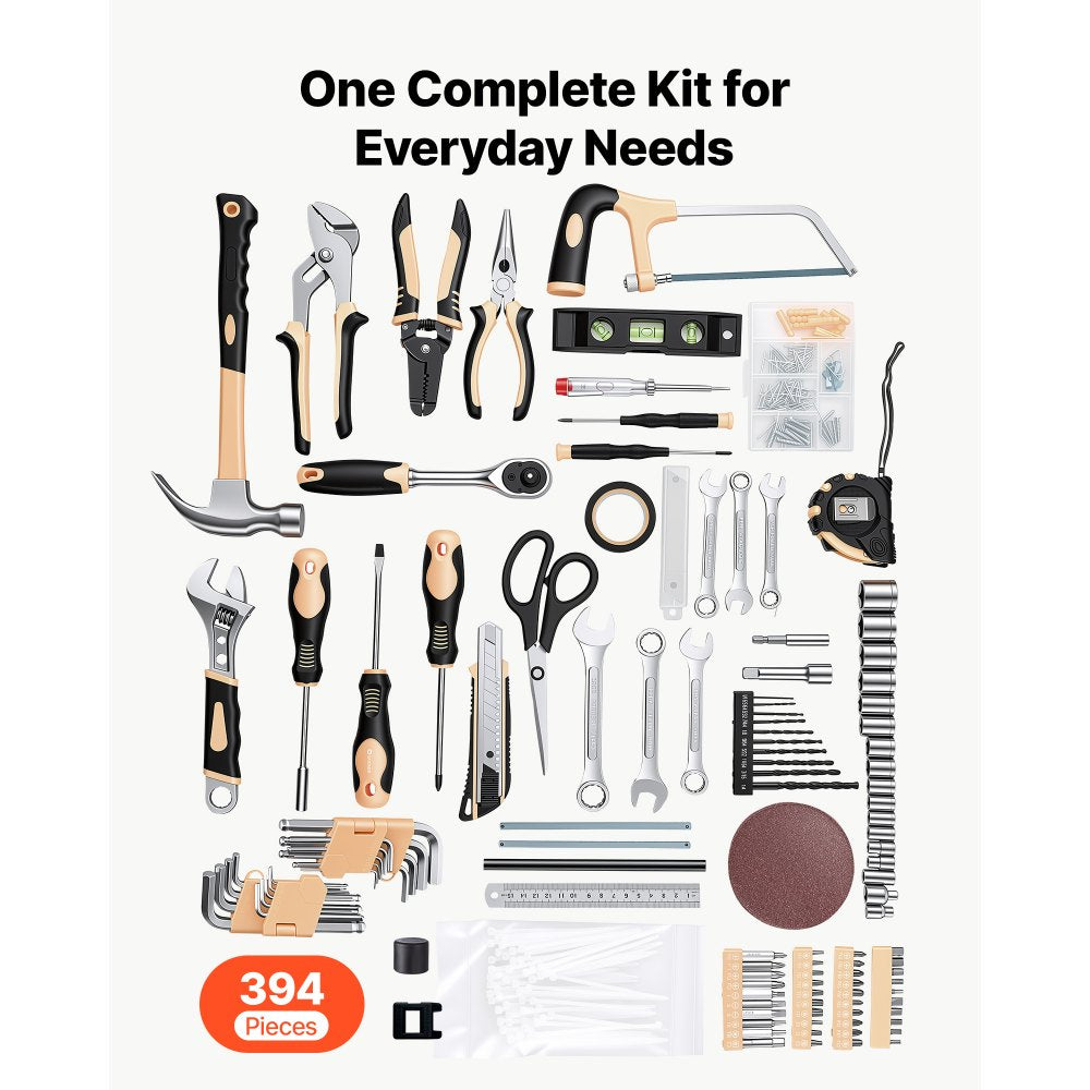 VEVOR Tool Kit 394-Piece General Household Tool Kit for Home Maintenance, For Everyday House Repairs and DIY Projects, with Portable Storage Case, High-Quality Steel, with Hammer, Wrench, Pliers