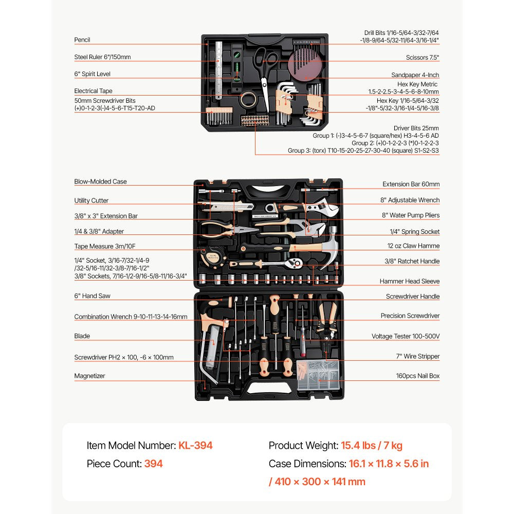 VEVOR Tool Kit 394-Piece General Household Tool Kit for Home Maintenance, For Everyday House Repairs and DIY Projects, with Portable Storage Case, High-Quality Steel, with Hammer, Wrench, Pliers