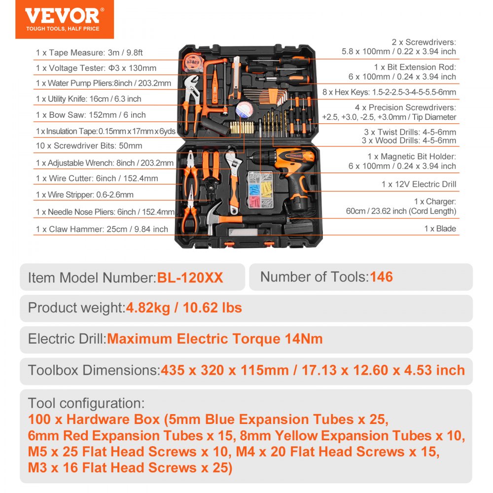 VEVOR Tool Kit, 146 Piece General Household Hand Tool Set, with Electric Drill and Portable Tool Storage Case, High-Quality Steel, for Home Maintenance, DIY Projects, and Automotive Repair