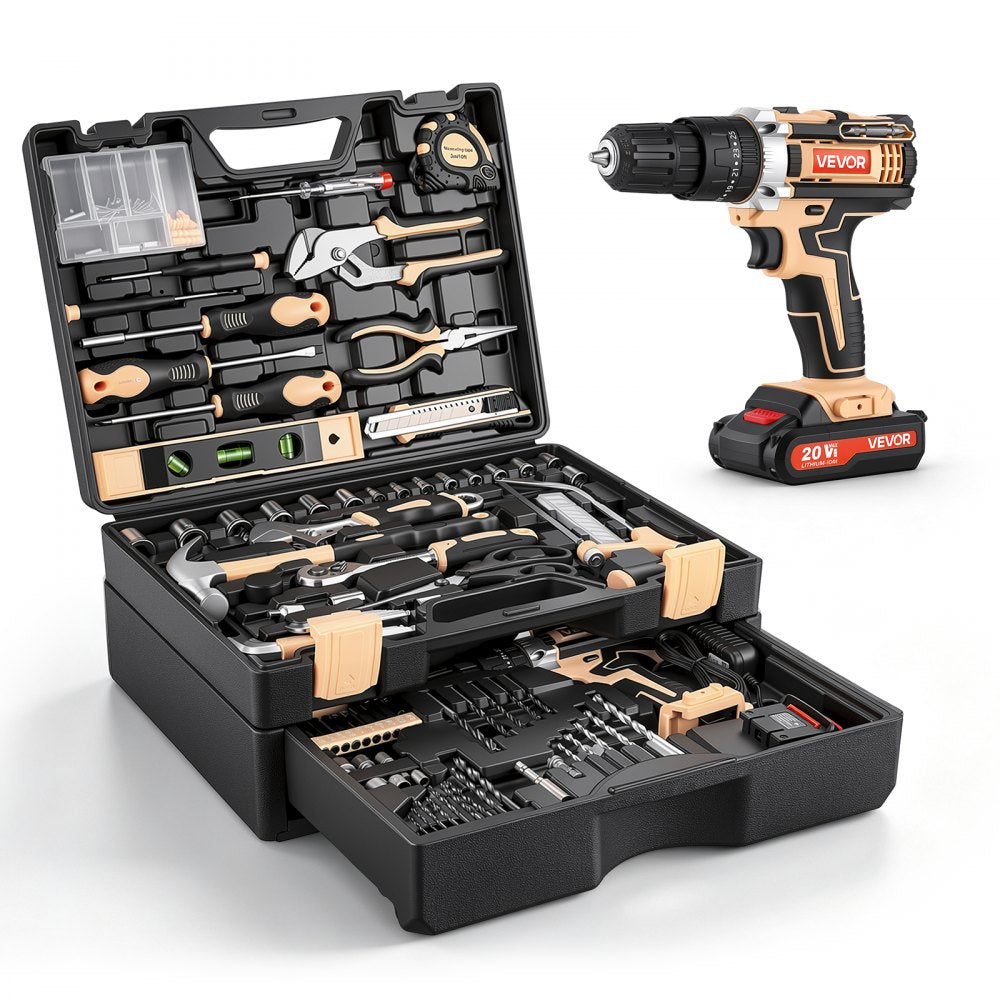 VEVOR Tool Kit 318-Piece General Household Tool Kit for Home Maintenance, For Everyday House Repairs, DIY Projects, with Portable Storage Case, High-Quality Steel, with Cordless Drill, Bits, Hammer