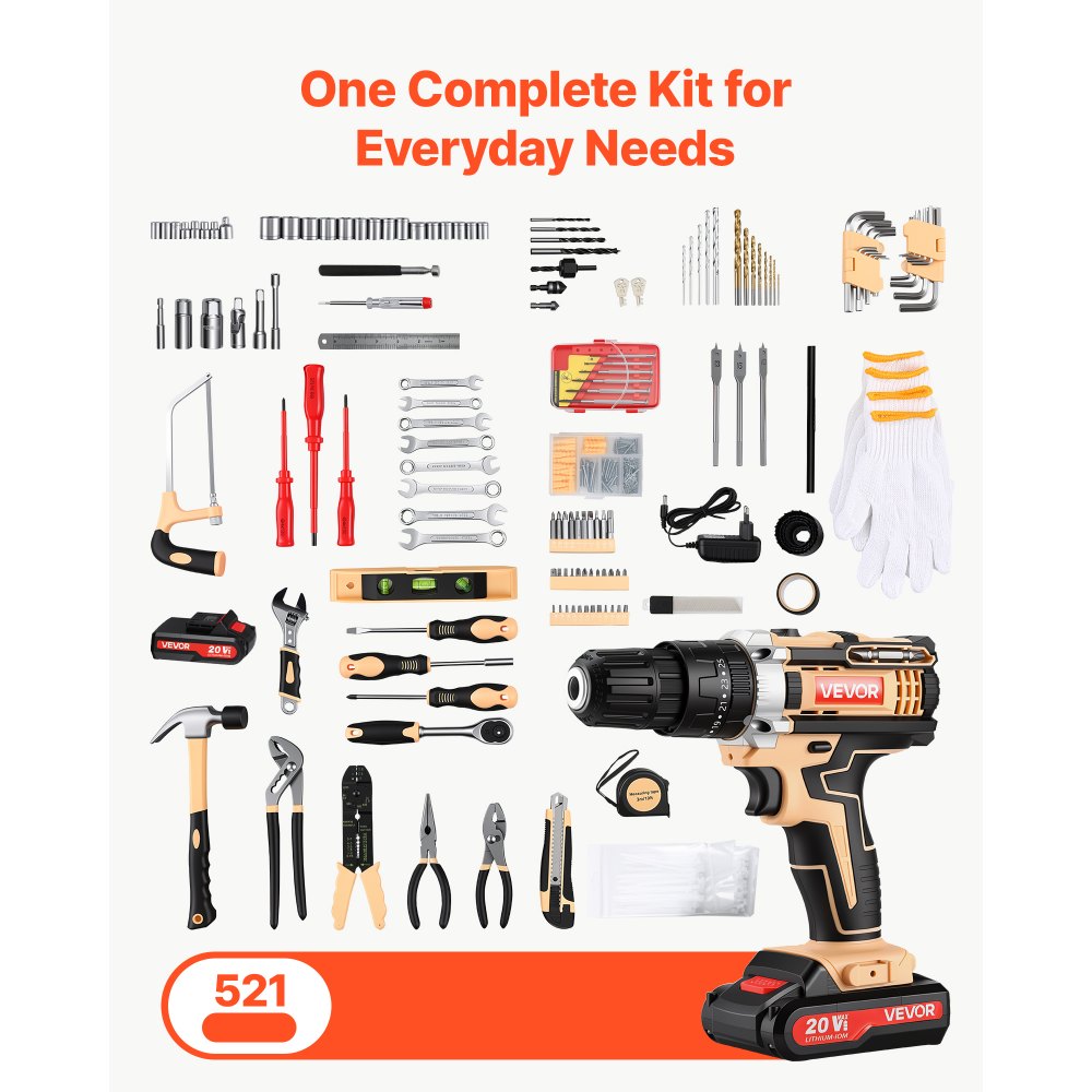 VEVOR Tool Kit 521-Piece General Household Tool Kit for Home Maintenance, For Everyday House Repairs, DIY Projects, with Portable Storage Case, High-Quality Steel, with Cordless Drill, Bits, Hammer