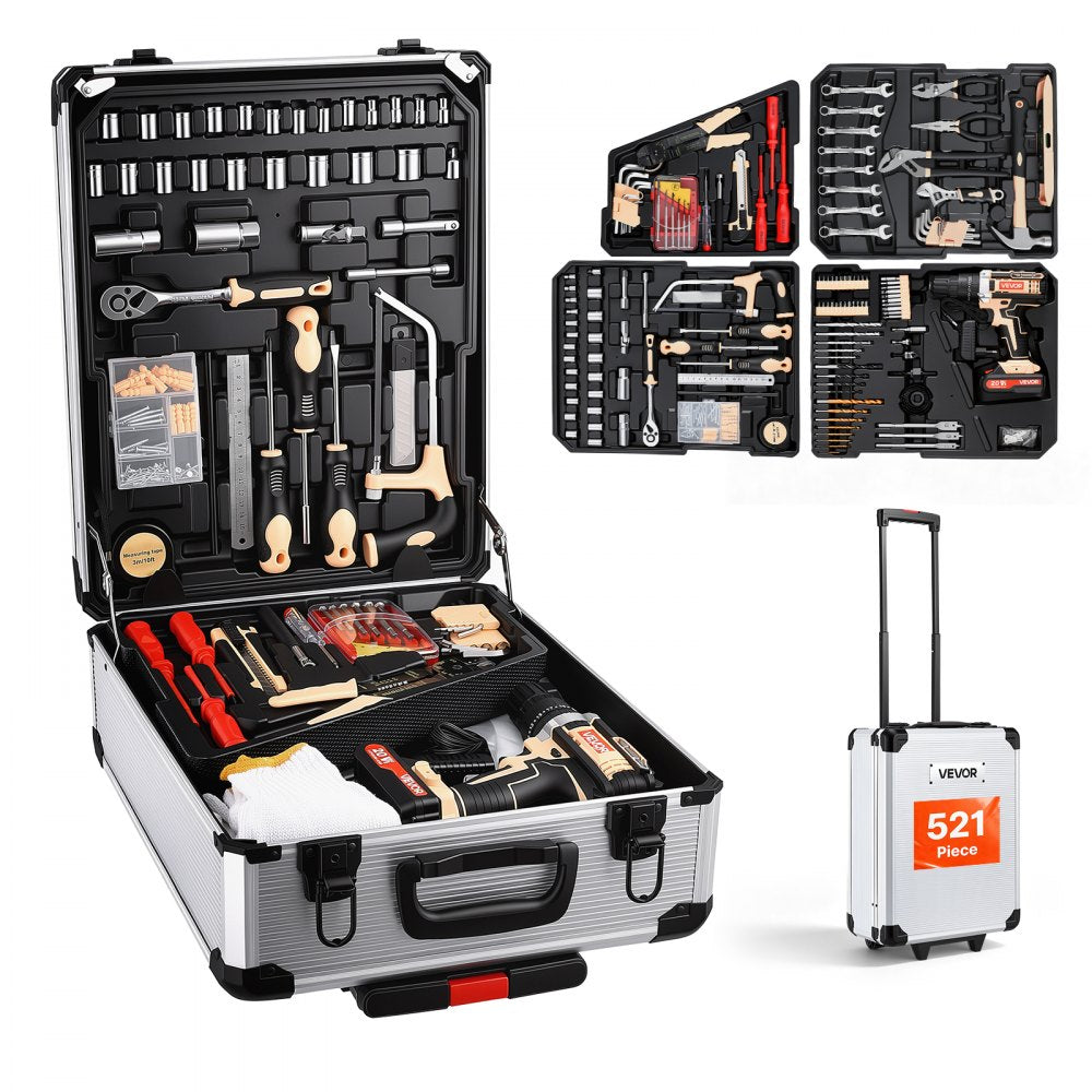 Vevor Tool Kit 521-Piece General Household Tool Kit with Cordless Drill and Portable Storage Case New