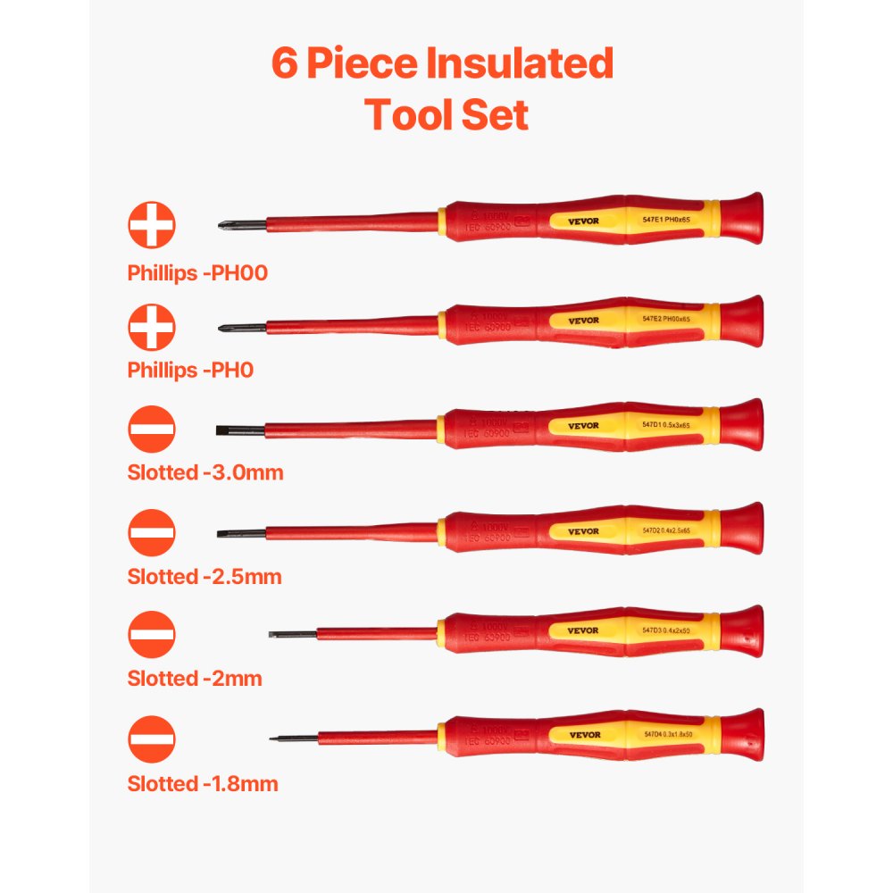 VEVOR Insulated Screwdriver Set, 6-Piece Professional Electrical Screwdriver Set, 1000V Insulated Electrician Tool Set, with Magnetic Phillips Slotted Tips, 360-Degree Rotating Screwdriver and Bag