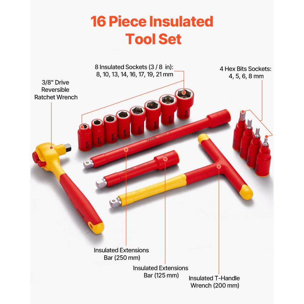 VEVOR Insulated Socket Set, 16-Piece Insulated Wrench Tool Set, 1000V Insulated Socket Tool, with Insulated Sockets, Insulated T-Handle Wrench, Drive Rachet, Extensions, for Electricians Home Repair