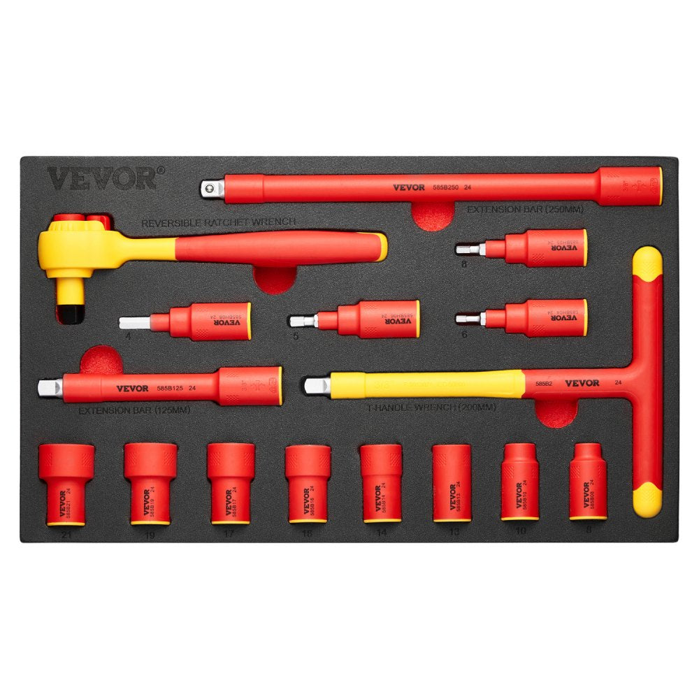 VEVOR Insulated Socket Set, 16-Piece Insulated Wrench Tool Set, 1000V Insulated Socket Tool, with Insulated Sockets, Insulated T-Handle Wrench, Drive Rachet, Extensions, for Electricians Home Repair