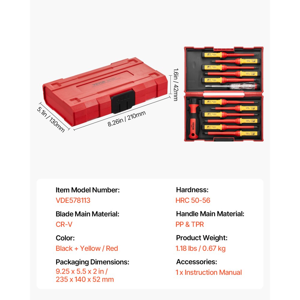 VEVOR Insulated Screwdriver Set, 13-Piece Professional Electrical Screwdriver Set, 1000V Insulated Electrician Tool Set, with Magnetic Phillips Slotted Pozi Torx Tips, Screwdrivers, for Electricians
