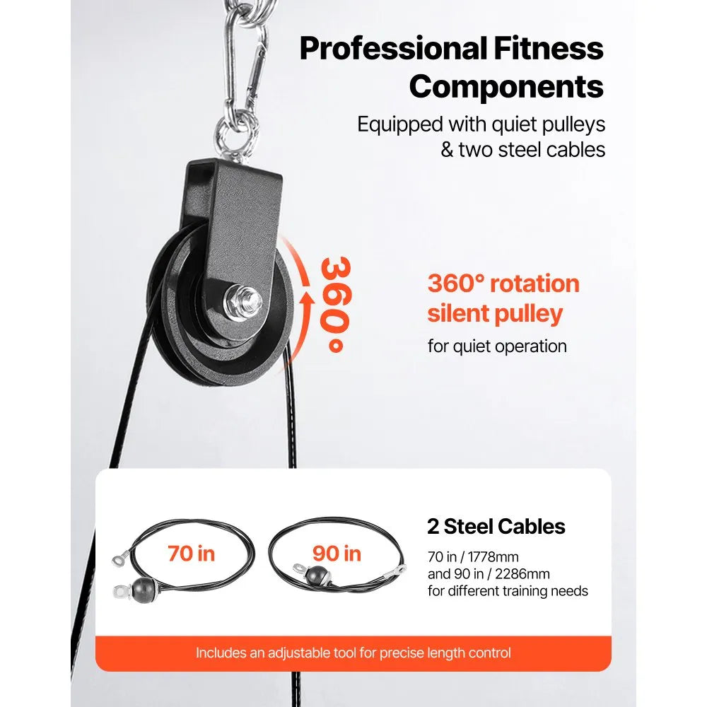 VEVOR Pulley System, 2 PCS LAT and Lift Pulley System, Gym Rack Pulleys Attachment with two Steel Cables, Short Bar, Dual Grip Handles, Cable Machine for Bicep, Shoulder, Back, Up to 330 lbs Capacity