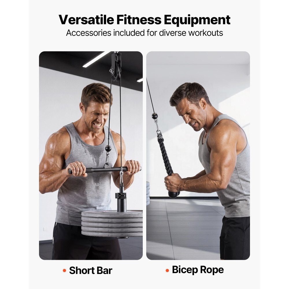 VEVOR Pulley System, 1 PC LAT and Lift Pulley System, Gym Rack Pulleys Attachment with two Steel Cables, Short Bar, Dual Grip Handles, Cable Machine for Bicep, Shoulder, Back, Up to 280 lbs Capacity