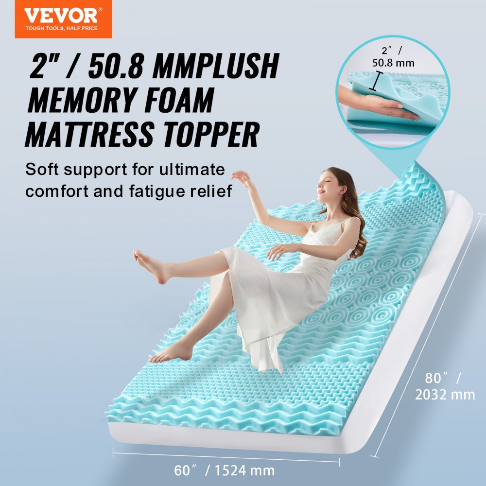 VEVOR Mattress Topper, Queen Size, 2" Thickness, Soft Memory Foam Mattress Pad, Cooling Gel Infusion, Compressed Package for Quick Setup, 7 Comfort Zones for Pressure Relief, Comfy Support for Any Bed
