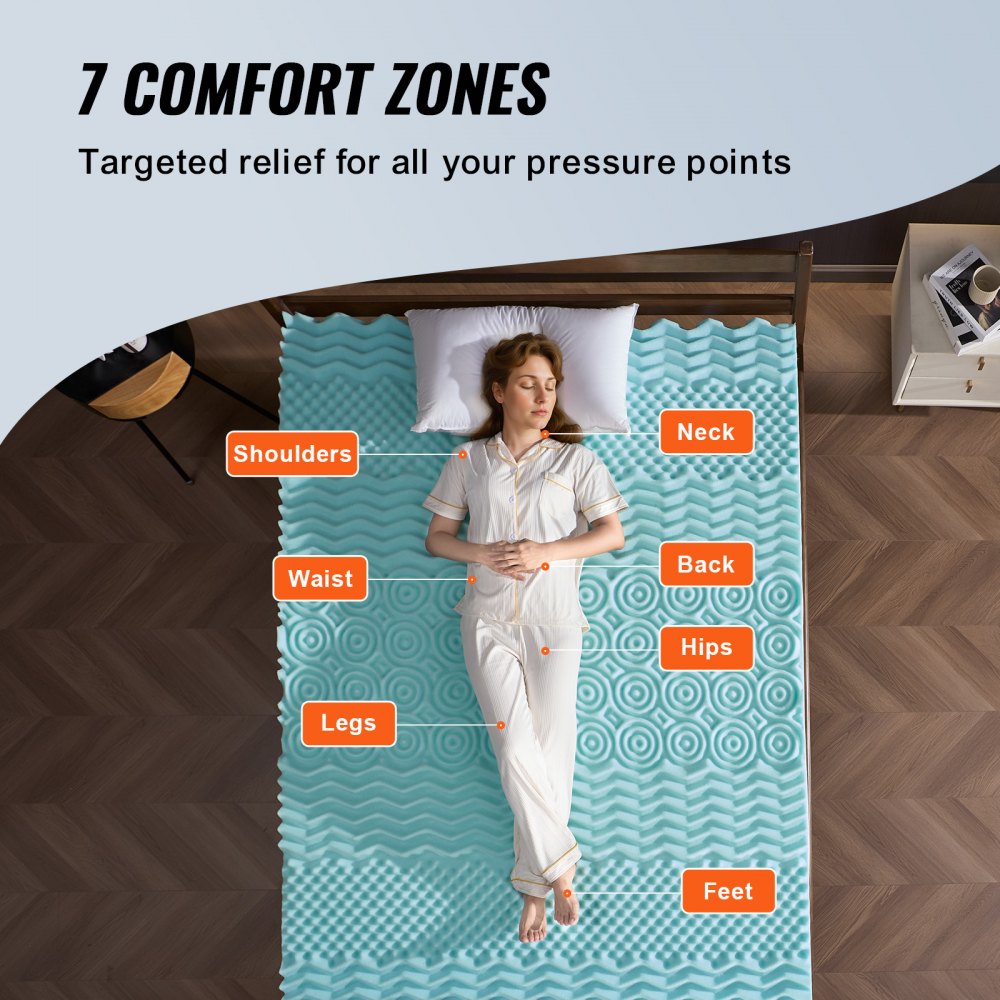 VEVOR Mattress Topper, Queen Size, 2" Thickness, Soft Memory Foam Mattress Pad, Cooling Gel Infusion, Compressed Package for Quick Setup, 7 Comfort Zones for Pressure Relief, Comfy Support for Any Bed