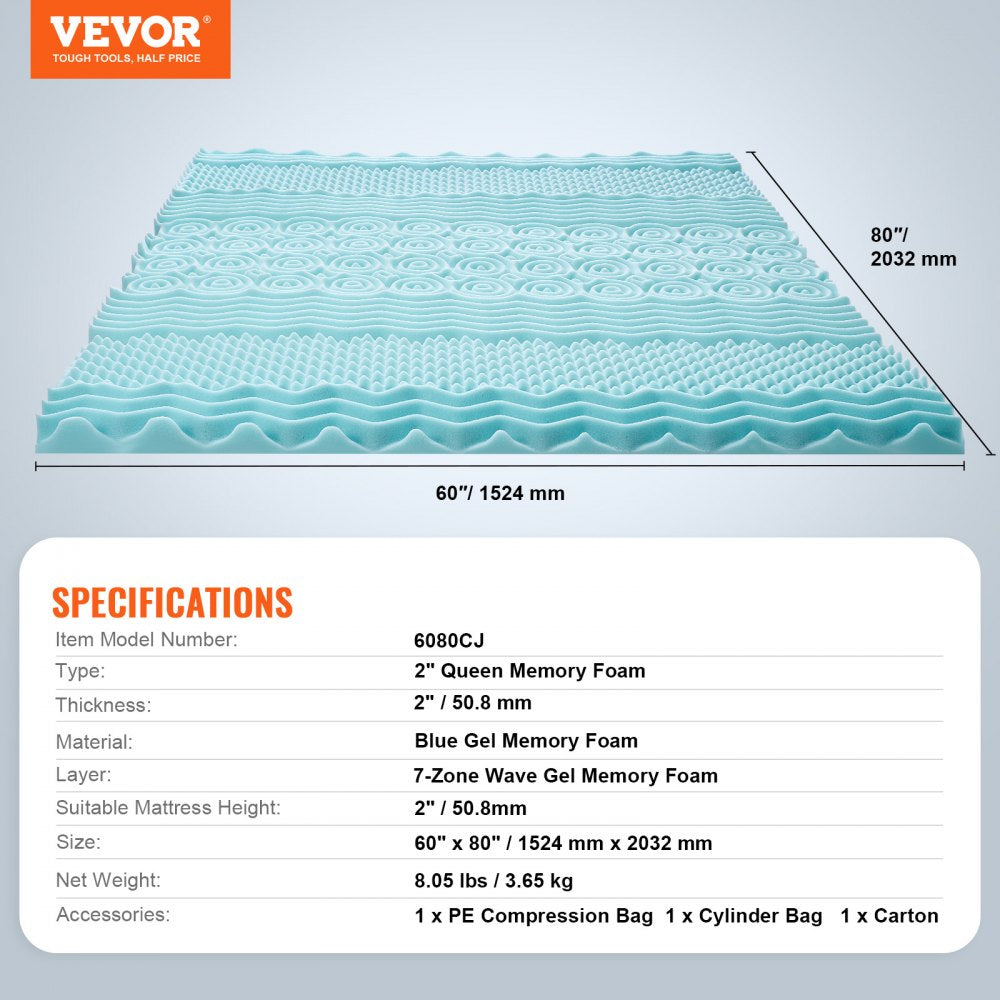 VEVOR Mattress Topper, Queen Size, 2" Thickness, Soft Memory Foam Mattress Pad, Cooling Gel Infusion, Compressed Package for Quick Setup, 7 Comfort Zones for Pressure Relief, Comfy Support for Any Bed