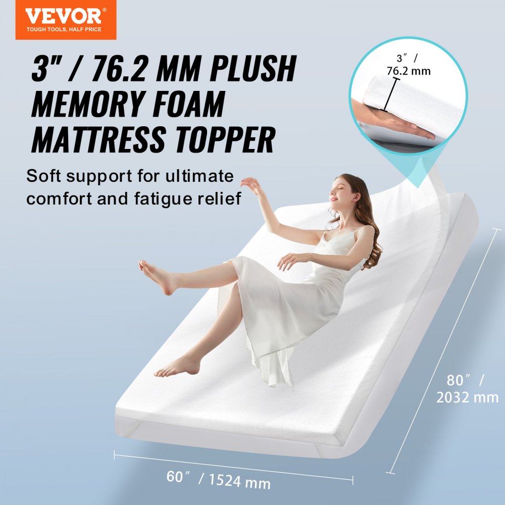 VEVOR Mattress Topper, Queen Size, 3 in Thickness, Soft Memory Foam Mattress Pad, Premium Cooling Gel Infusion, Detachable and Washable, Compressed Package for Quick Setup, Comfy Support for Any Bed