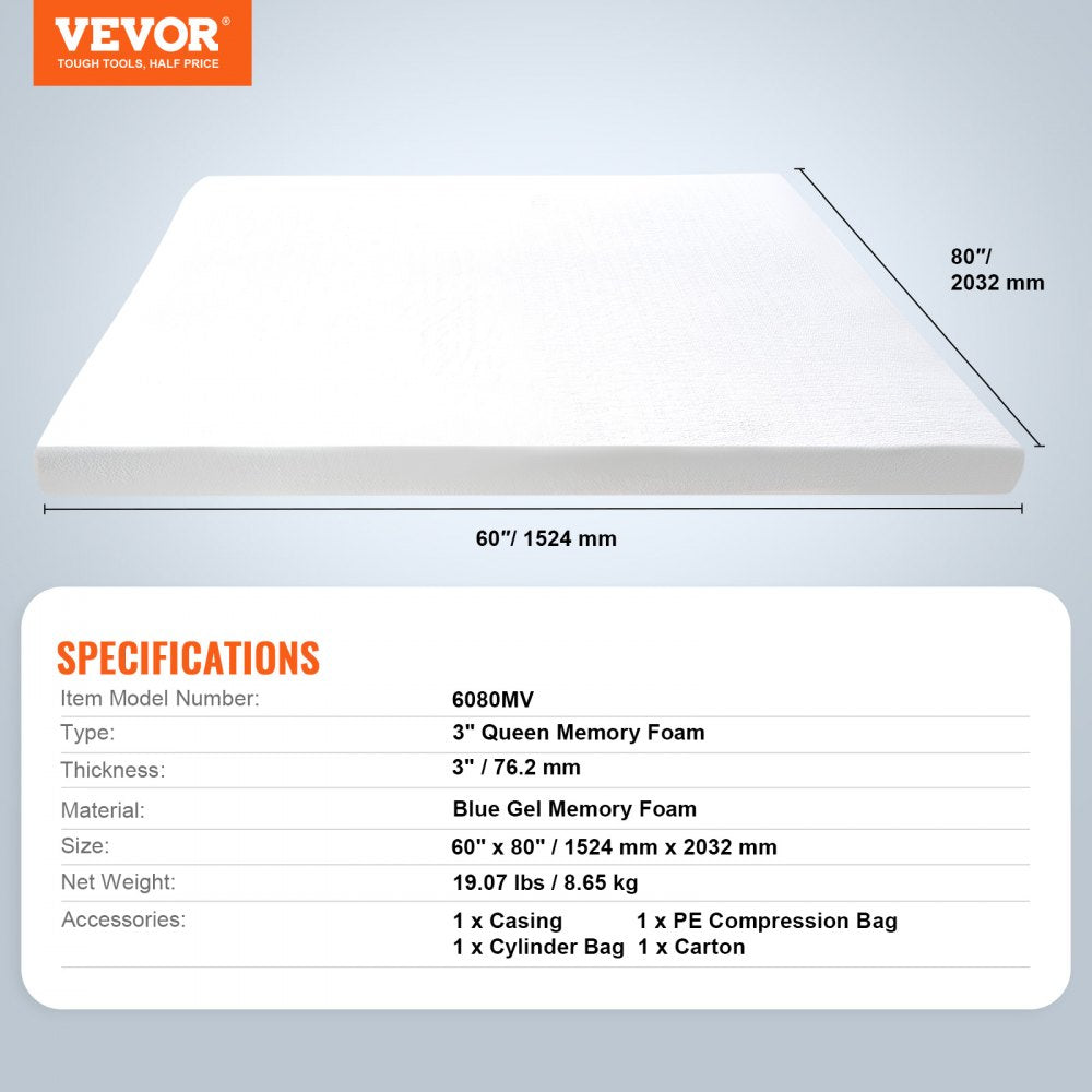VEVOR Mattress Topper, Queen Size, 3 in Thickness, Soft Memory Foam Mattress Pad, Premium Cooling Gel Infusion, Detachable and Washable, Compressed Package for Quick Setup, Comfy Support for Any Bed