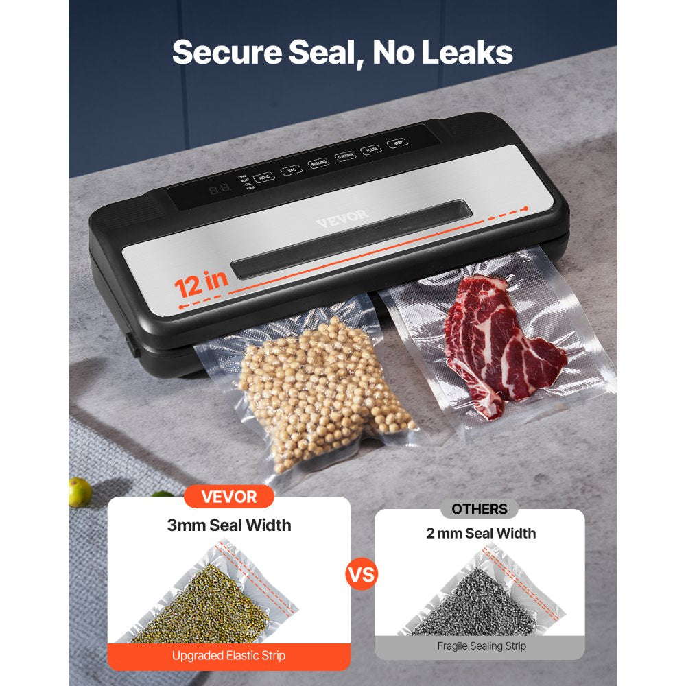 VEVOR Vacuum Sealer Machine, 80Kpa 120W Powerful Compact Food Sealer, 7-in-1 Multi-Functional Food Vacuum Sealer, Automatic Air Sealing System with Built-in Cutter with 10 Vacuum Bags & 1 Bag Roll