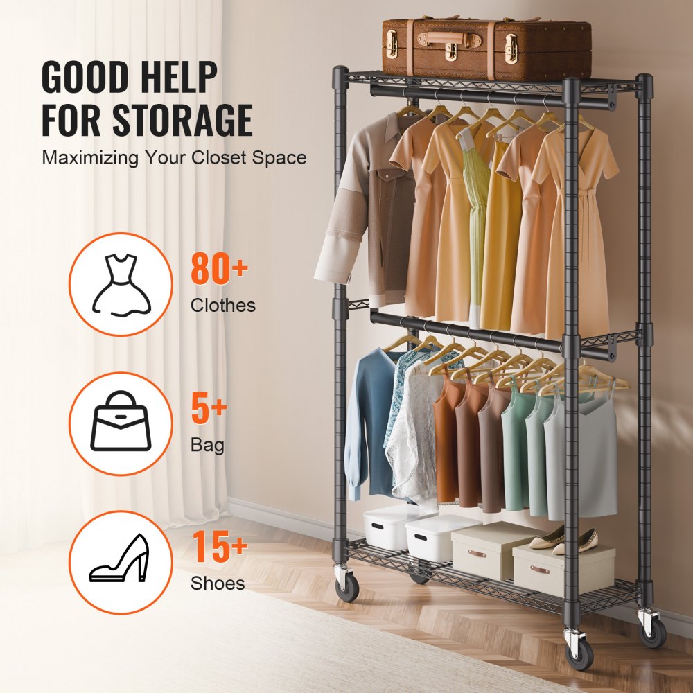 VEVOR Heavy Duty Clothes Rack, Double Hanging Rods Clothing Garment Rack with Bottom and Top Storage Tier, Rolling Clothing Rack for Hanging Clothes, 1'' Diameter Thicken Steel Tube Hold Up to 300Lbs