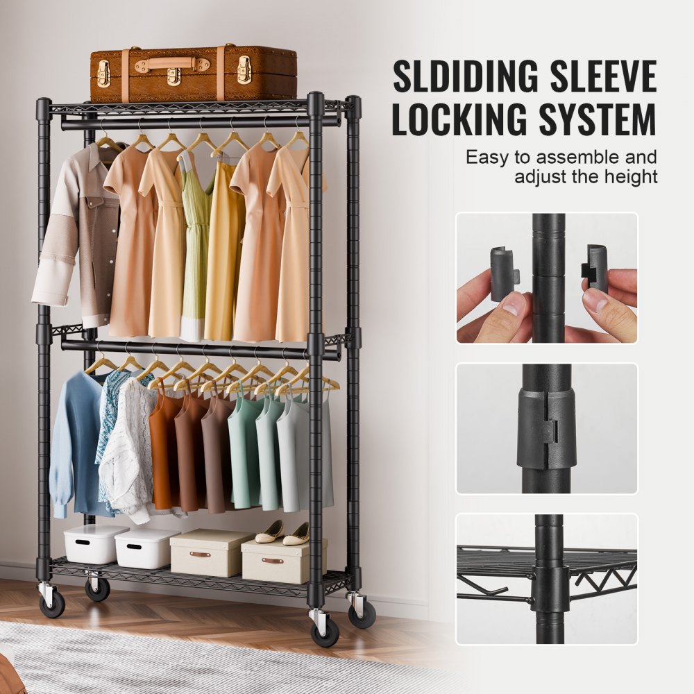 VEVOR Heavy Duty Clothes Rack, Double Hanging Rods Clothing Garment Rack with Bottom and Top Storage Tier, Rolling Clothing Rack for Hanging Clothes, 1'' Diameter Thicken Steel Tube Hold Up to 300Lbs
