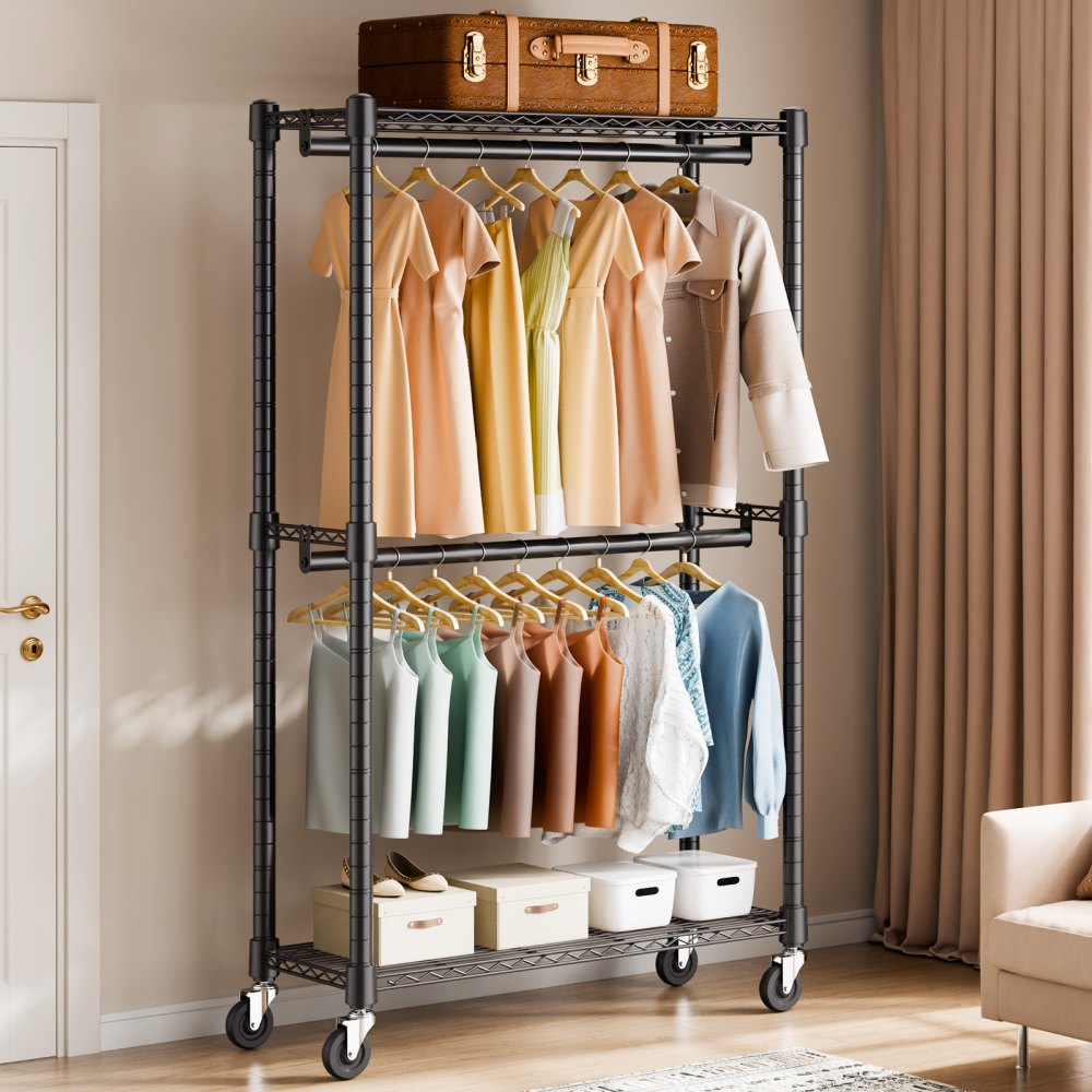 VEVOR Heavy Duty Clothes Rack, Double Hanging Rods Clothing Garment Rack with Bottom and Top Storage Tier, Rolling Clothing Rack for Hanging Clothes, 1'' Diameter Thicken Steel Tube Hold Up to 300Lbs
