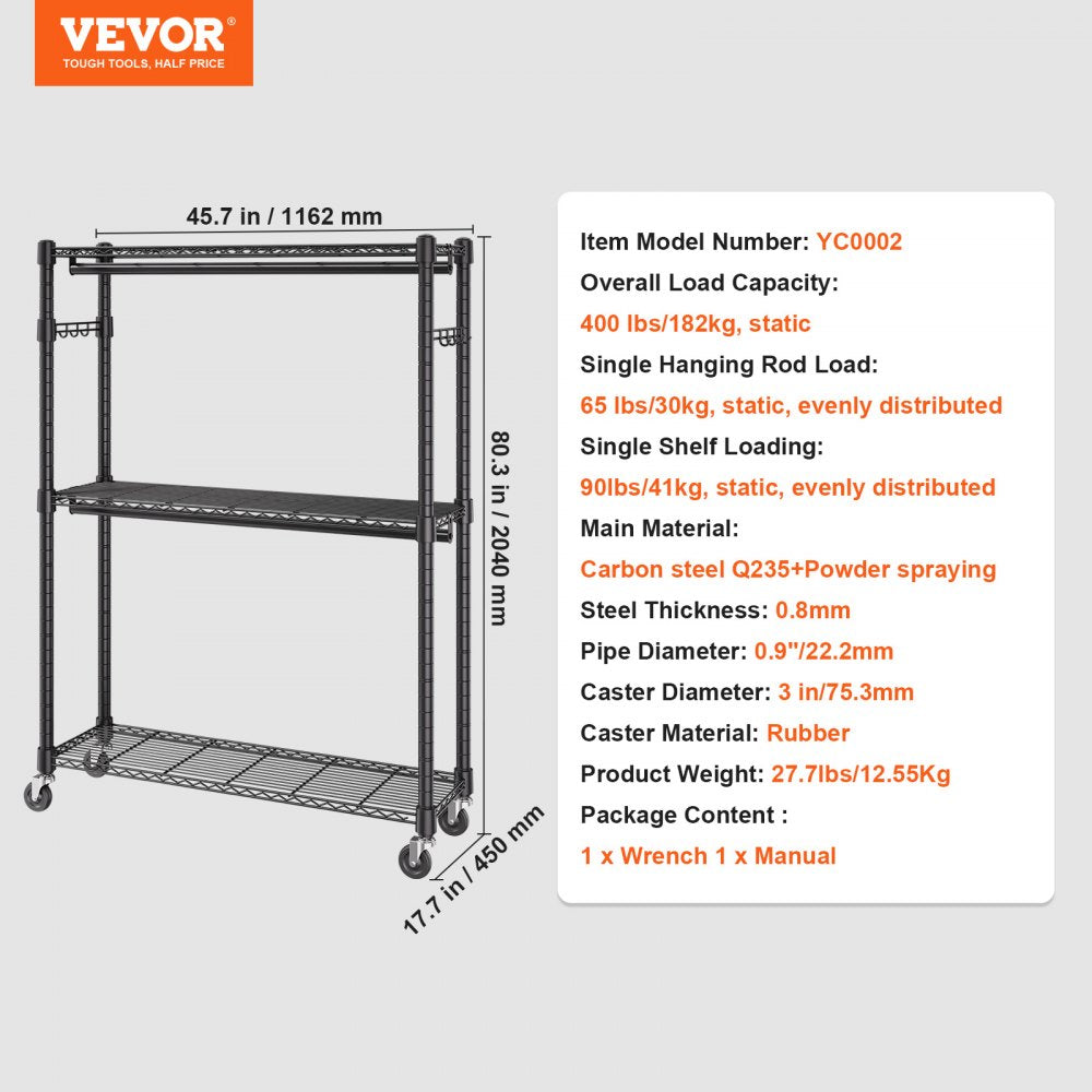 VEVOR Heavy Duty Clothes Rack, Rolling Clothing Garment Rack with 3 Storage Tiers, 2 Rods and 2 Pairs Side Hooks, Adjustable Height Clothing Rack Closet for Hanging Clothes, 400 Lbs Load Capacity