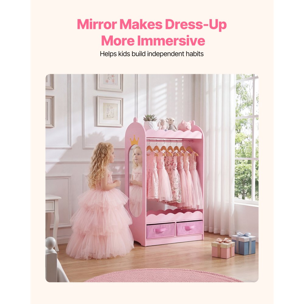 VEVOR Kids Dress Up Storage, with Mirror, Toddler Costume Wardrobe with Drawer, Dress Up Wardrobe Closet for Little Girls, Pretend Storage Dresser, Costume Organizer, for Bedroom, Kids Room, Pink