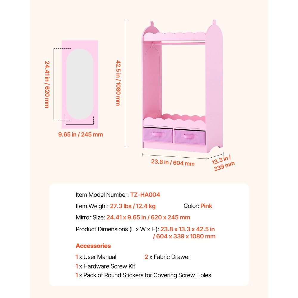 VEVOR Kids Dress Up Storage, with Mirror, Toddler Costume Wardrobe with Drawer, Dress Up Wardrobe Closet for Little Girls, Pretend Storage Dresser, Costume Organizer, for Bedroom, Kids Room, Pink