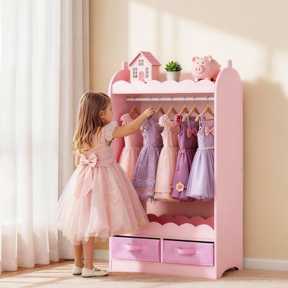 VEVOR Kids Dress Up Storage, with Mirror, Toddler Costume Wardrobe with Drawer, Dress Up Wardrobe Closet for Little Girls, Pretend Storage Dresser, Costume Organizer, for Bedroom, Kids Room, Pink