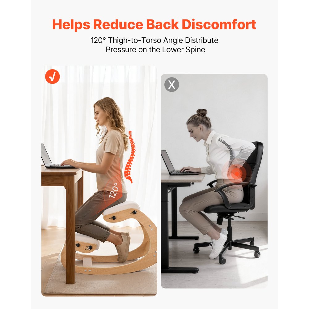 VEVOR Ergonomic Kneeling Chair, Wooden Posture Knee Chair with Adjustable Thick Foam Cushions & Solid Wood Frame, Adjustable Height, Relief for Neck or Back Pain for Home, Office or Meditation, Beige