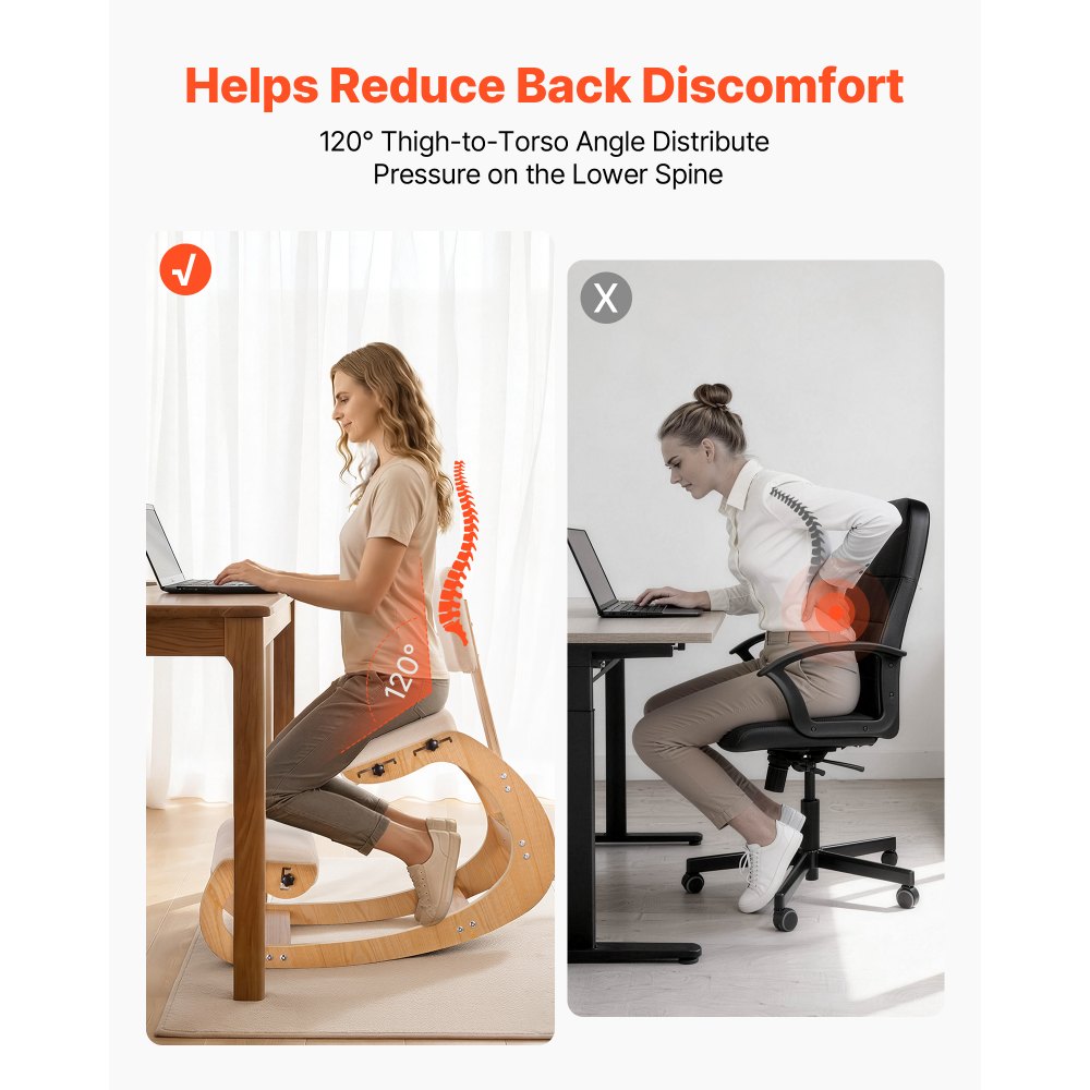 VEVOR Ergonomic Kneeling Chair, Wooden Posture Knee Chair with Adjustable Thick Foam Cushions, Backrest and Wood Frame, Adjustable Height, Relief for Neck or Back Pain for Home, Office or Meditation