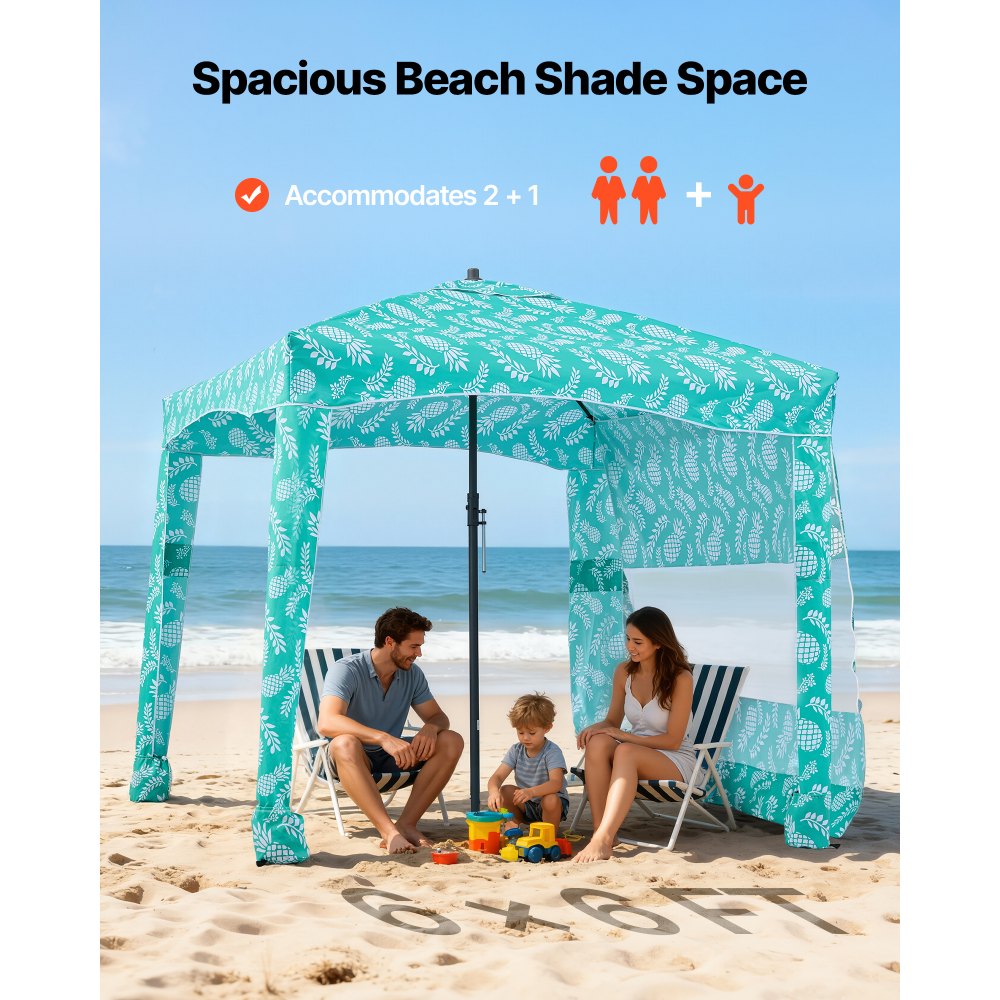 VEVOR Beach Cabana, 6 x 6 ft Beach Canopy with Side Wall, UPF 50+ Protection Easy Setup Cabana Tent with Sand Pockets, Large Portable Shade Sun Shelter, Outdoor Umbrella for Whole Family & Friends