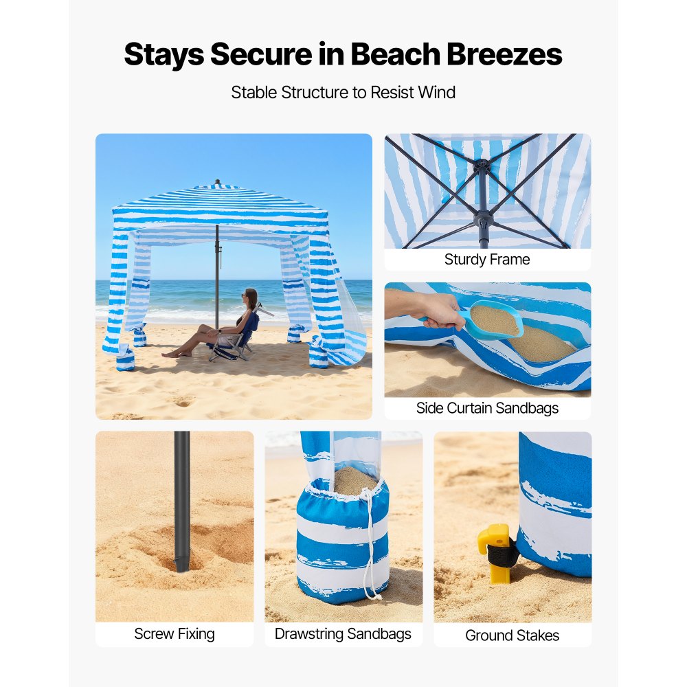 VEVOR Beach Cabana, 6 x 6 ft Beach Canopy with Side Wall, UPF 50+ Protection Easy Setup Cabana Tent with Sand Pockets, Portable Shade Sun Shelter Umbrella for Whole Family & Friends, Blue Stripes