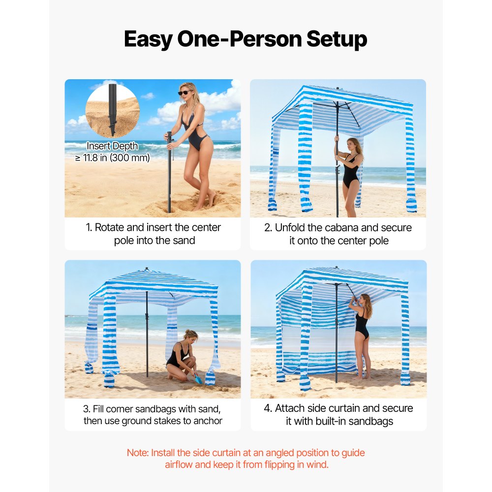 VEVOR Beach Cabana, 6 x 6 ft Beach Canopy with Side Wall, UPF 50+ Protection Easy Setup Cabana Tent with Sand Pockets, Portable Shade Sun Shelter Umbrella for Whole Family & Friends, Blue Stripes