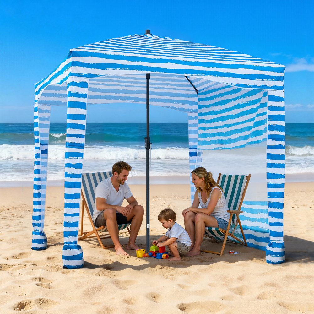 VEVOR Beach Cabana, 6 x 6 ft Beach Canopy with Side Wall, UPF 50+ Protection Easy Setup Cabana Tent with Sand Pockets, Portable Shade Sun Shelter Umbrella for Whole Family & Friends, Blue Stripes
