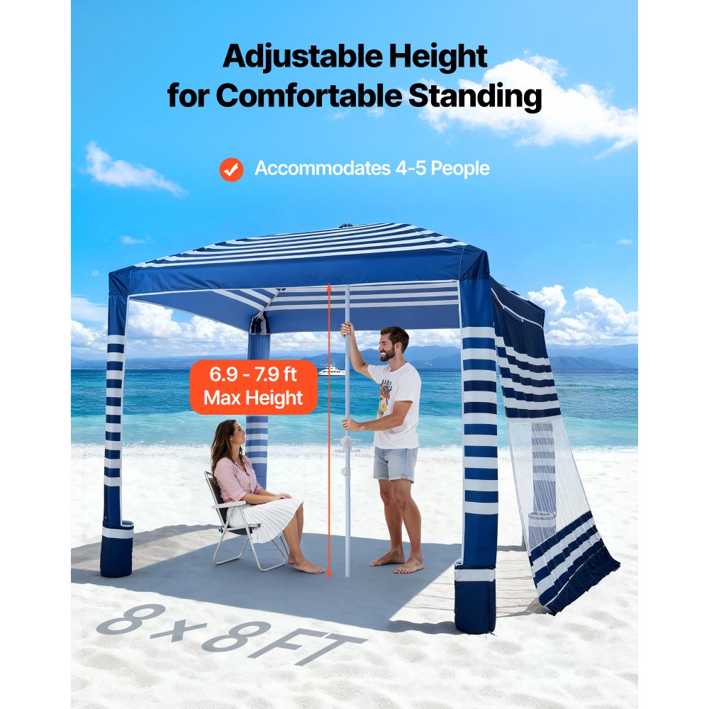 VEVOR Beach Cabana, 8 x 8 ft Beach Canopy with Side Wall, UPF 50+ Protection Easy Setup Cabana Tent with Sand Pockets, Adjustable Height Portable Shade Sun Shelter Umbrella for Family, Navy Stripes
