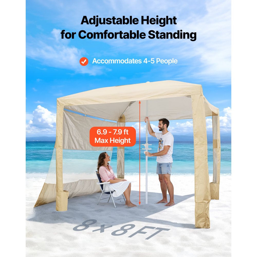 VEVOR Beach Cabana, 8 x 8 ft Beach Canopy with Side Wall, UPF 50+ Protection Easy Setup Cabana Tent with Sand Pockets, Adjustable Height Portable Shade Sun Shelter Umbrella for Family & Friends, Khaki
