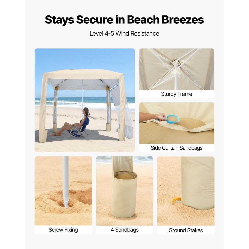 VEVOR Beach Cabana, 8 x 8 ft Beach Canopy with Side Wall, UPF 50+ Protection Easy Setup Cabana Tent with Sand Pockets, Adjustable Height Portable Shade Sun Shelter Umbrella for Family & Friends, Khaki