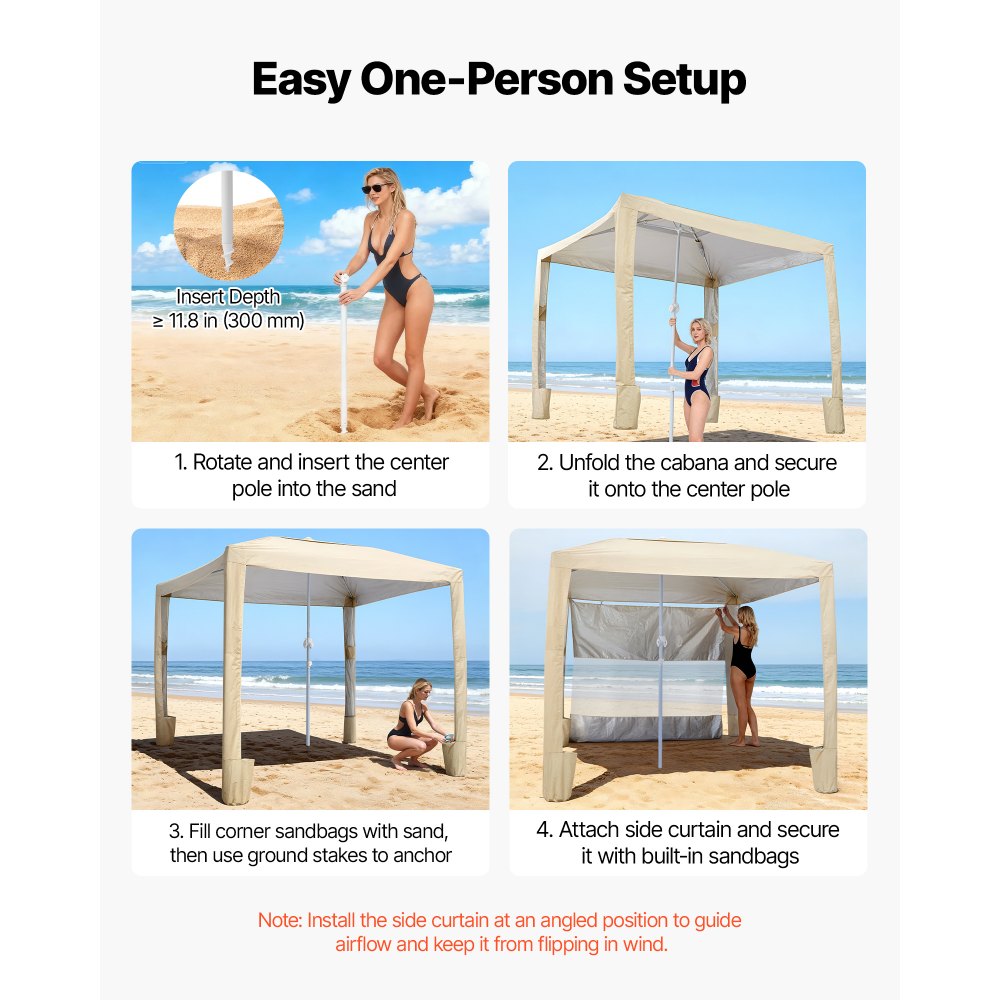 VEVOR Beach Cabana, 8 x 8 ft Beach Canopy with Side Wall, UPF 50+ Protection Easy Setup Cabana Tent with Sand Pockets, Adjustable Height Portable Shade Sun Shelter Umbrella for Family & Friends, Khaki