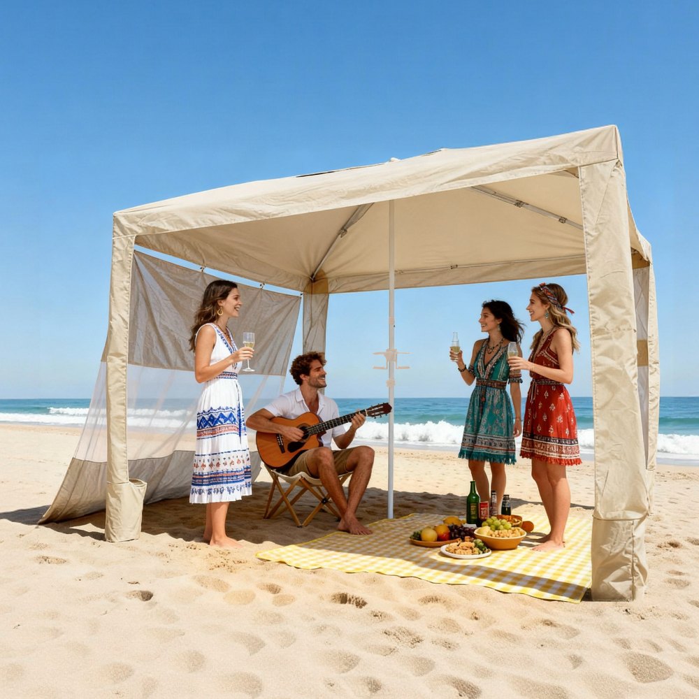 VEVOR Beach Cabana, 8 x 8 ft Beach Canopy with Side Wall, UPF 50+ Protection Easy Setup Cabana Tent with Sand Pockets, Adjustable Height Portable Shade Sun Shelter Umbrella for Family & Friends, Khaki